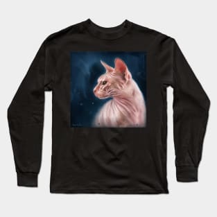 Contemporary Painting of a Hairless Pink Sphynx Cat on Dark Blue Background Long Sleeve T-Shirt